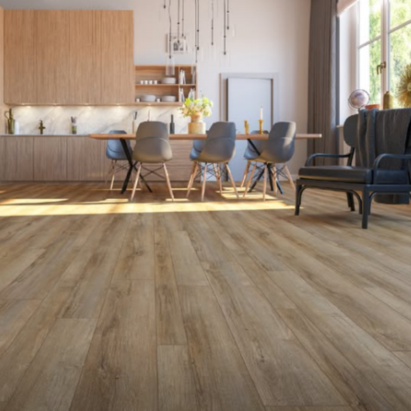 Laminate flooring Aldarra – durable, water-resistant planks with a rich wood-look texture, perfect for stylish and long-lasting home or office interiors