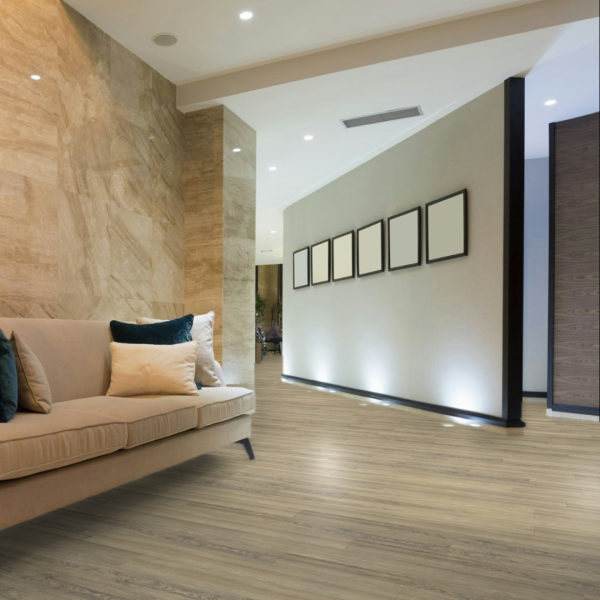 Sandstone laminate flooring from Equinox Collection – water-resistant planks with a warm, natural wood-look finish for contemporary home and office interiors